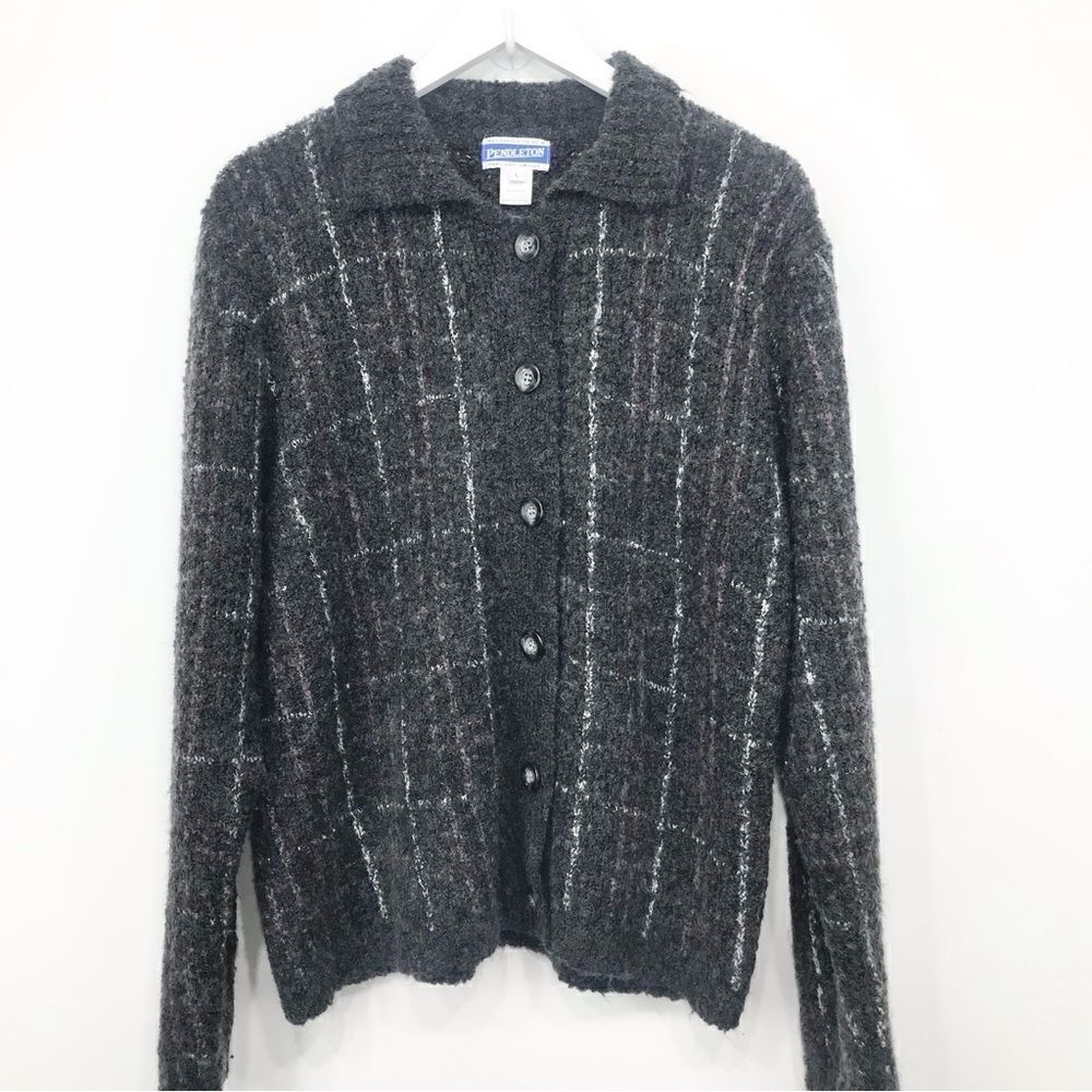 Pendleton Charcoal Gray Purple White Plaid Wool Blend Button Up Cardigan Sweater
